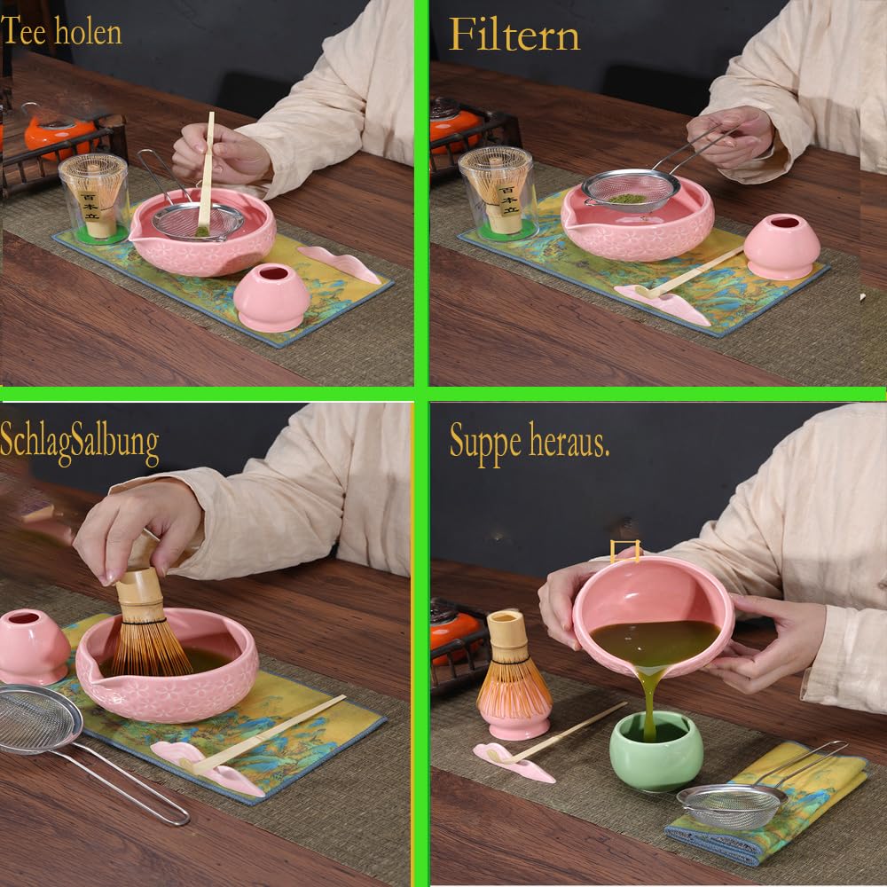 Matcha Kit Completo Matcha Set per Cerimonia Giapponese con Frusta in Bambù Set di Tè Matcha in Ceramica Chasen Supporto per Frullino Cucchiaio Ciotola per Matcha Regalo ad Amici o Colleghi (Rosa)