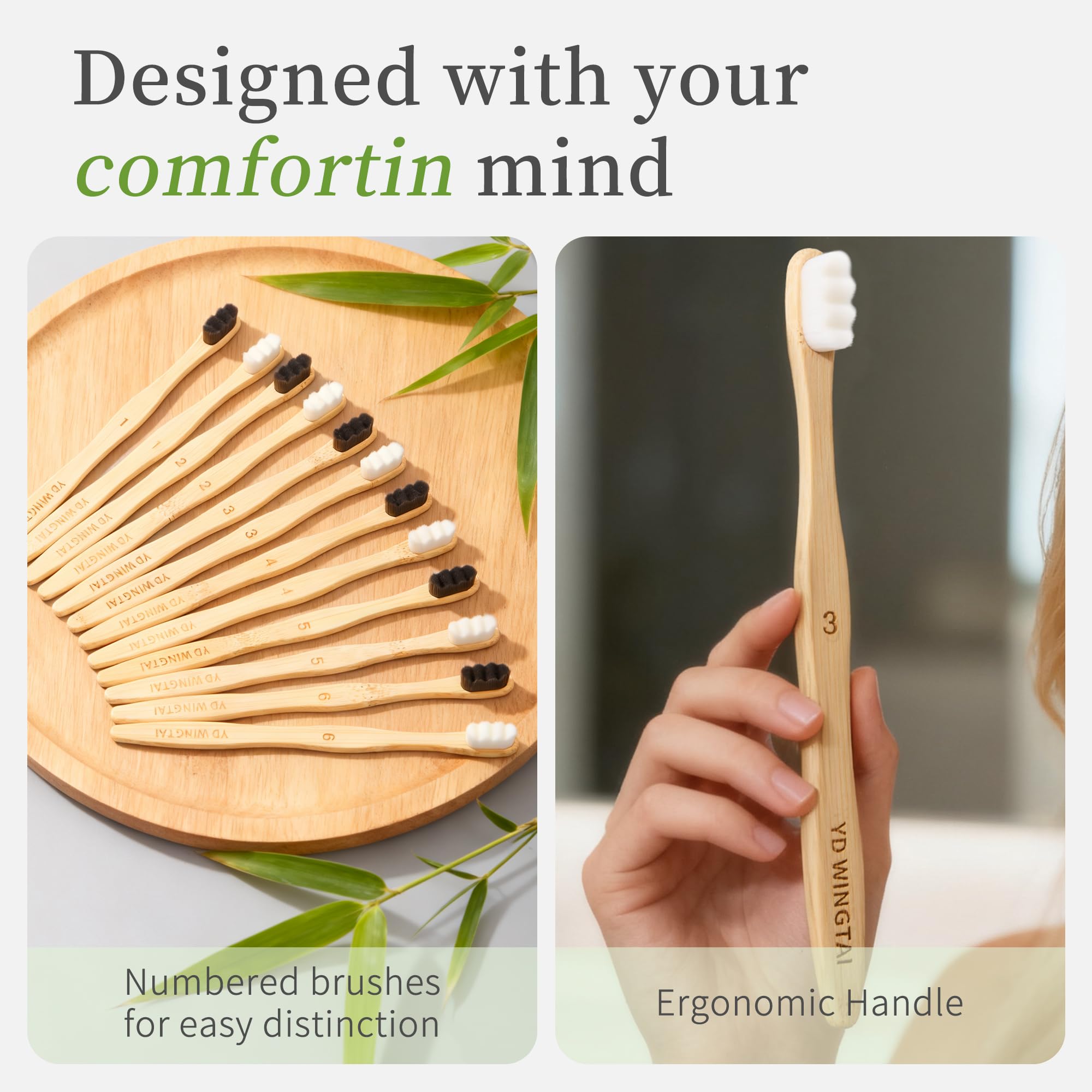 Cepillo de dientes de bambú con cerdas sin BPA, mango biodegradable, diseño ergonómico, paquete de 12 unidades, juego de cuidado bucal de madera natural para adultos