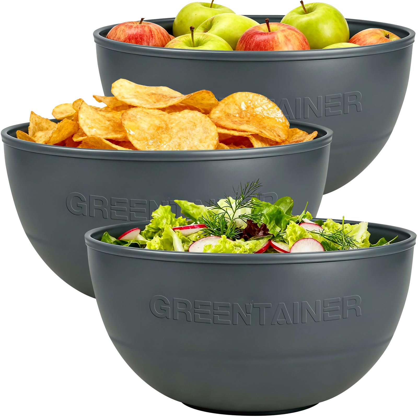 Greentainer Large Plastic Bowl Sets, 4L Heat-Proof Bowls Reusable Serving Mixing Bowls for Snacks, Fruit, Baking, Cooking, Salad & Food Prep, Microwave & Dishwasher Safe, 3 Pack (Grey)
