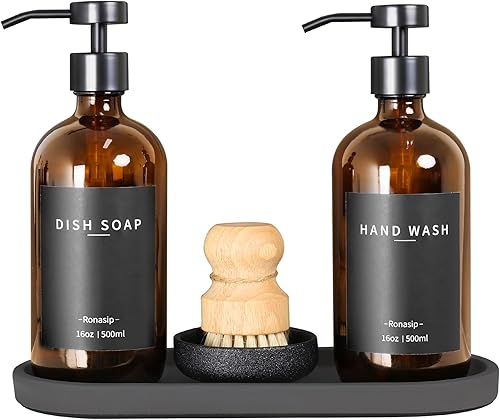 Miniatura 12 de Juego de 5 dispensadores de jabón de cocina, juego de 16 Oz de dispensador de jabón de manos y platos de vidrio con bomba de acero inoxidable,