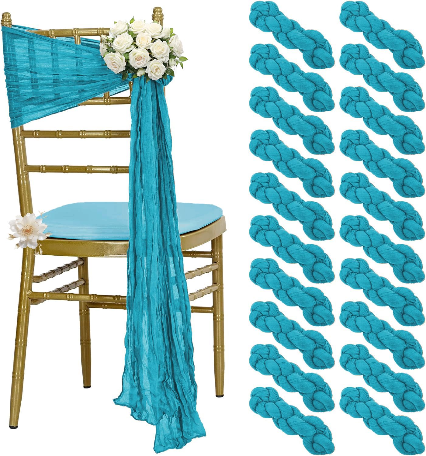 VDS Pack of 100 Cheesecloth Chair Sashes 44x180 cm, 100% Cotton Soft Gauze Fabric Rustic Chair Drapes Reusable Chair Bows for Wedding Party Chiavari Folding Aisle Dining Chairs Décor - Peacock Blue