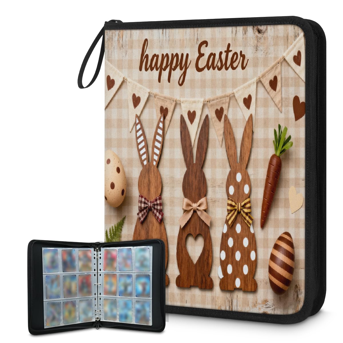 9-kieszeniowy segregator na karty kolekcjonerskie mieści 900 kart z 50 zdejmowanymi dwustronnymi rękawami, album na karty sportowe, kompatybilny z kartami do gier TCG MTG (Happy Easter Bunny Eggs)