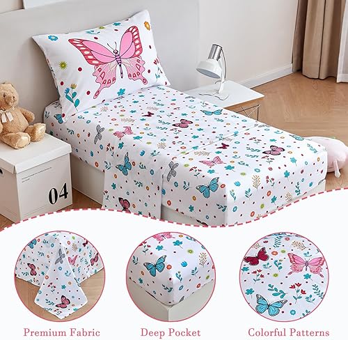 Miniatura 4 de PERFEMET Juego de ropa de cama de 4 piezas con diseño de mariposas y flores para niñas pequeñas, color rosa, floral, reversible, suave, en una