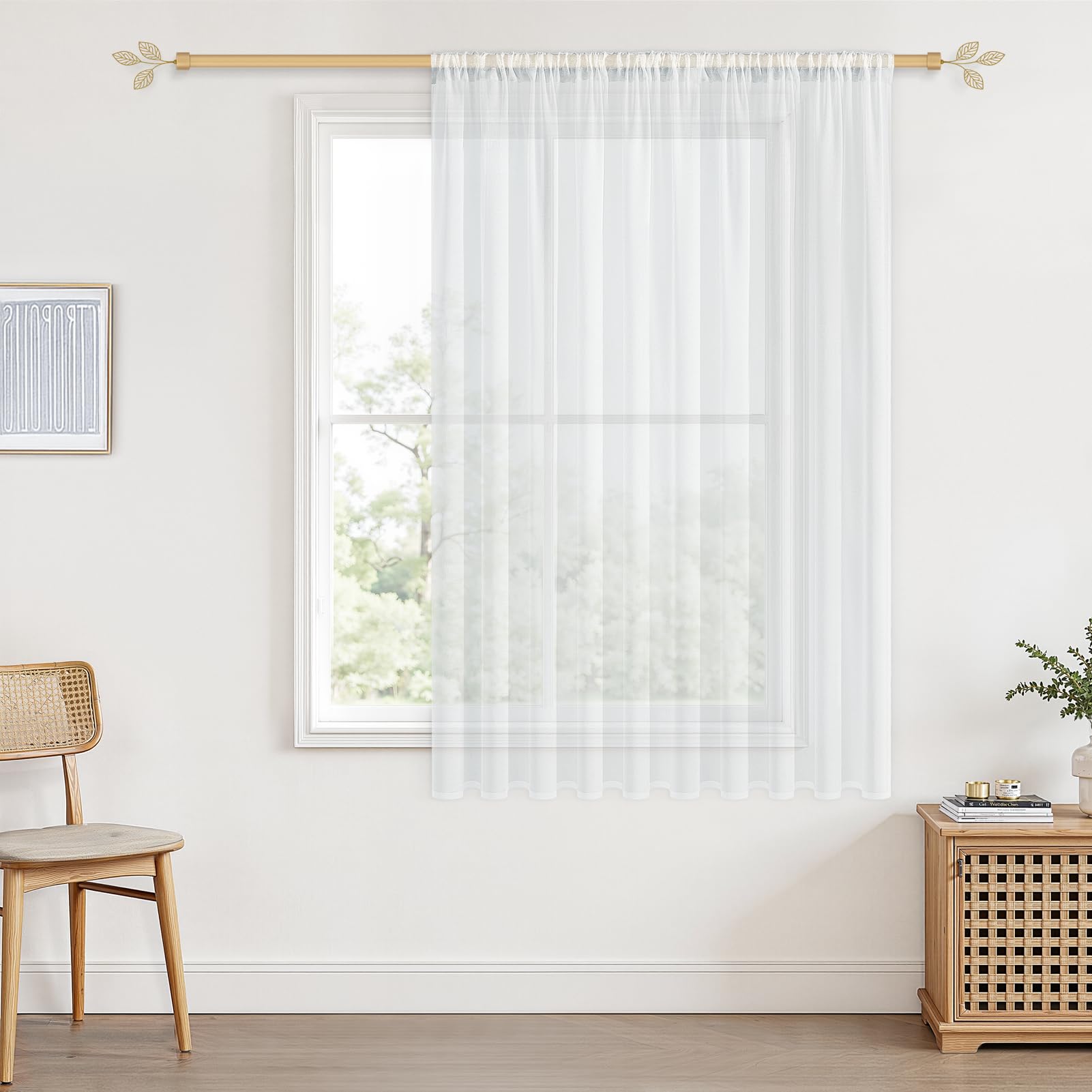 CUTEWIND Vorhang Weiss Halbtransparent H 160cm x B 300cm Gardine mit Stangendurchzug 1er Set,Vorhänge Kurz Gardinen Extra Breit für Wohnzimmer Schlafzimmer Küche und Kinderzimmer