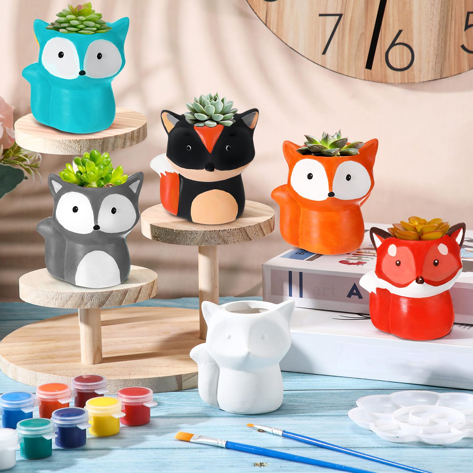 Pasimy 6er-Set Keramik-Sukkulenten-Übertöpfe zum Selbermalen, Bastelset, unlackierter Biskuitblumentopf mit Pinselpalette, fertig zum Bemalen für Familienaktivitäten, Geschenk (Fuchs)