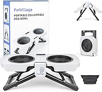 Petvillage Portable Foldable Elevated Dog Bowls Stand - Dual 5-Cup Dishes, Lightweight Non-Slip Travel Feeding Table for Medium-Large Dogs