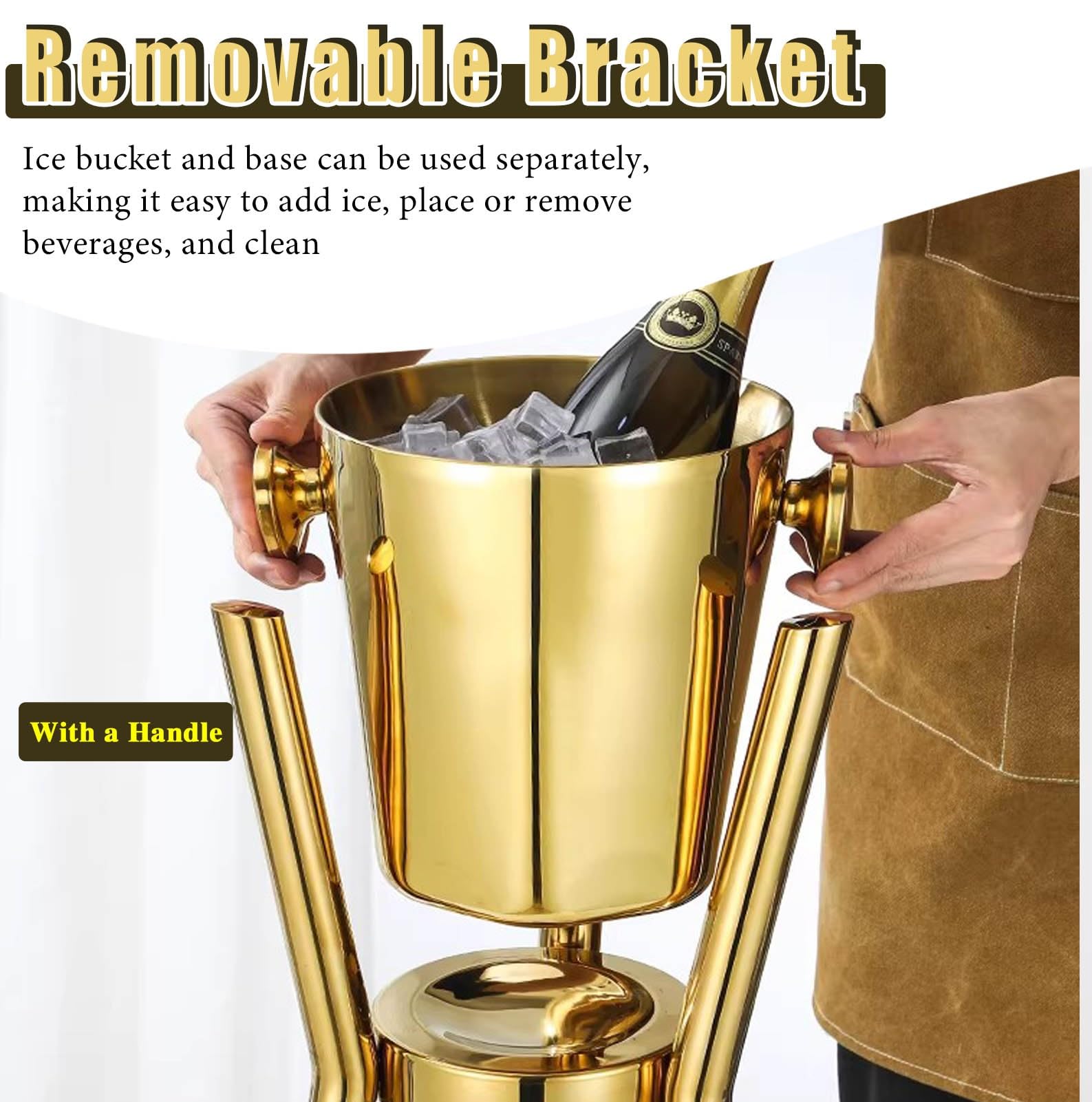 Cubitera de hielo de pie con soporte, soporte desmontable para botellas de vino con asas para bar, fiesta, boda