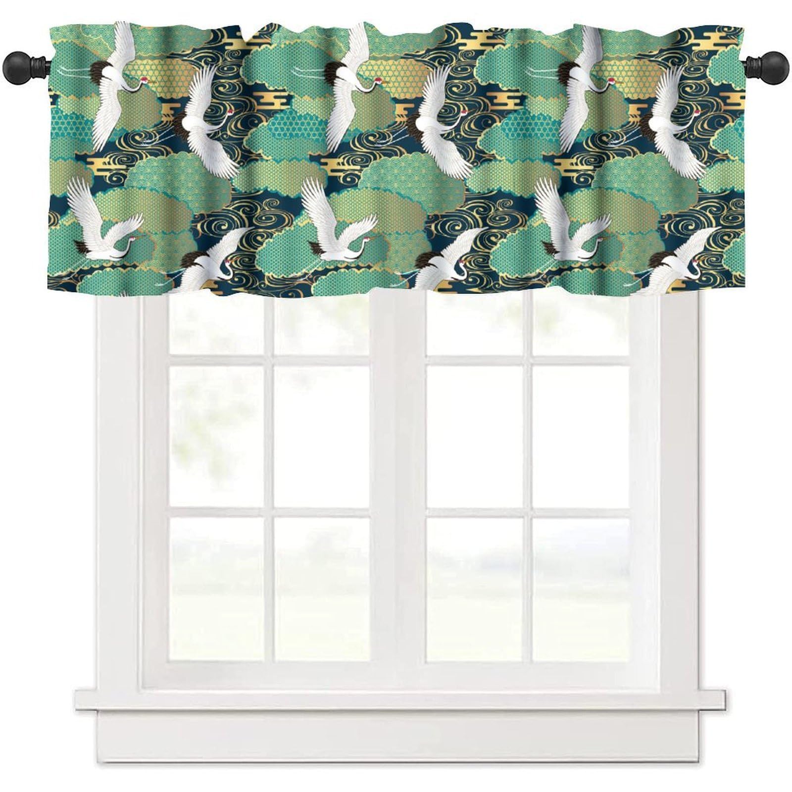 moderw Asian Crane Curtain Valance Oriental Vintage Japanese Chinese Traditional Bird Clouds Window Treatment Valance for Farmhouse Dining Room Kitchen Canteens Party 54x18inch