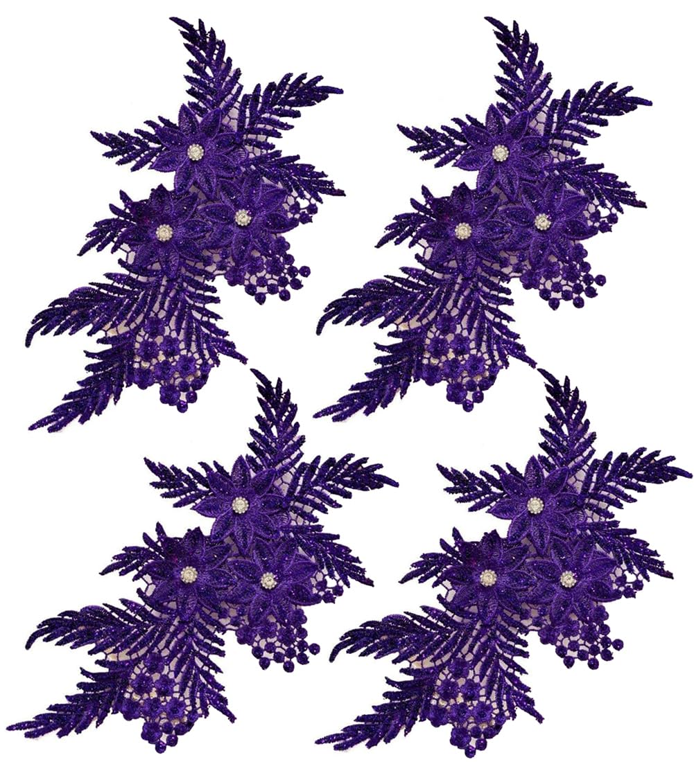 Applikationen für Kleidung, bestickte Blumen-Stoffaufnäher, 4 Stück, Glitzer-Strass-Blumenapplikation (lila)