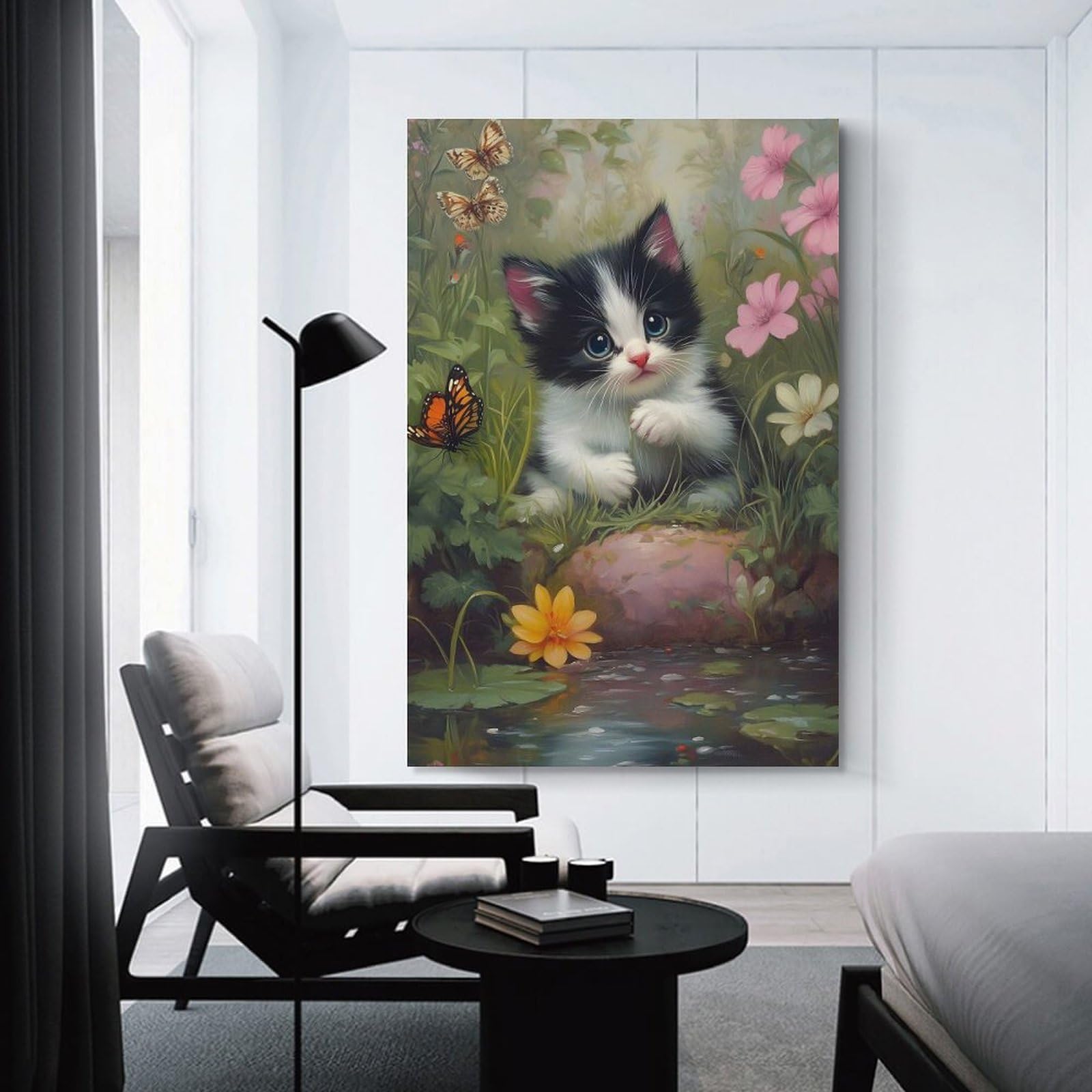 Junmoney Unframe-Style-17 Cute Kitten In A Garden With Butterflies Hanging Wall Art, 20X30inch(50X75cm), For Bedroom Decor, Cosy Corners Or Studios, An Easy Wall Refresh For Bedrooms