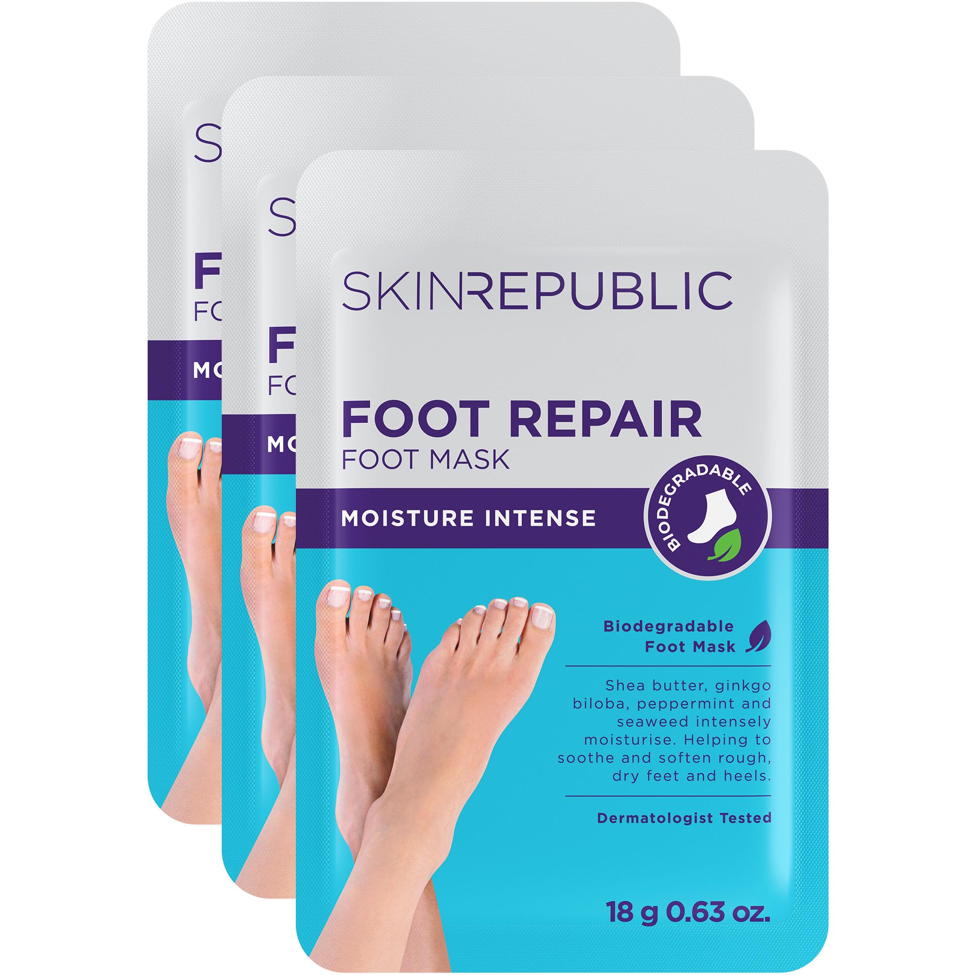 Skin Republic Foot Repair Mask (3 Pairs) – Moisturizing Foot Mask with Shea Butter, Ginkgo Biloba, Green Tea, Peppermint & Seaweed to Soften Rough, Dry Heels, Soothe, Repair & Rejuvenate Damaged Skin