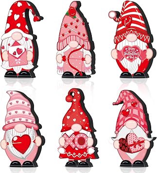 6 Pcs Valentines Day Wooden Gnome Table Decor Pink Red Valentines Day Gnome Sign Wood Heart Decorations Craft Chunky Tabletop Centerpiece for Wedding Home Tiered Tray Decoration