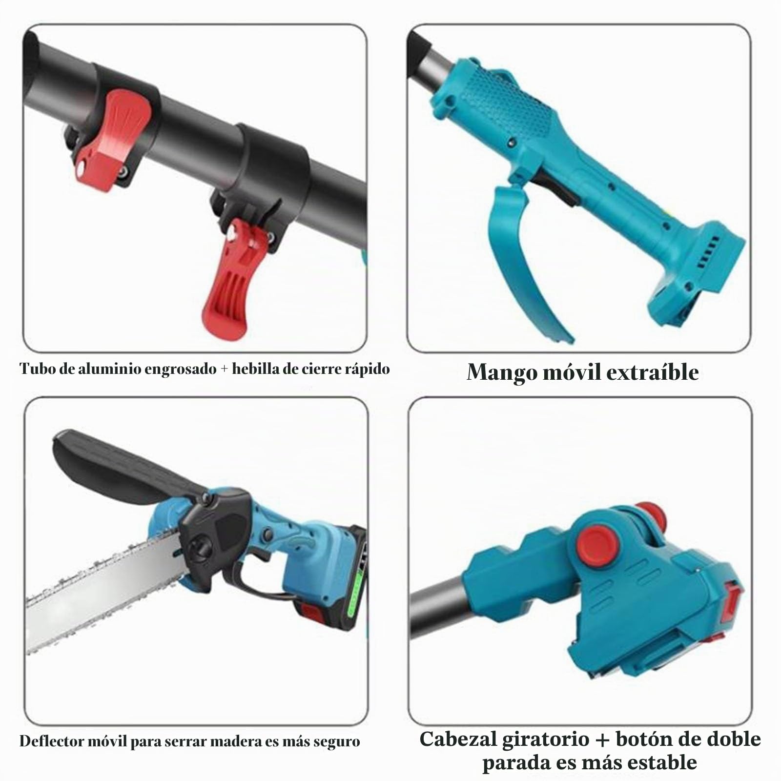 Tijeras de podar eléctricas 4 en 1 mejoradas, mini motosierra inalámbrica de 8 pulgadas con pértiga de extensión de 125-220 cm y 2 baterías de 1,3 Ah, podadora de ramas y ramas