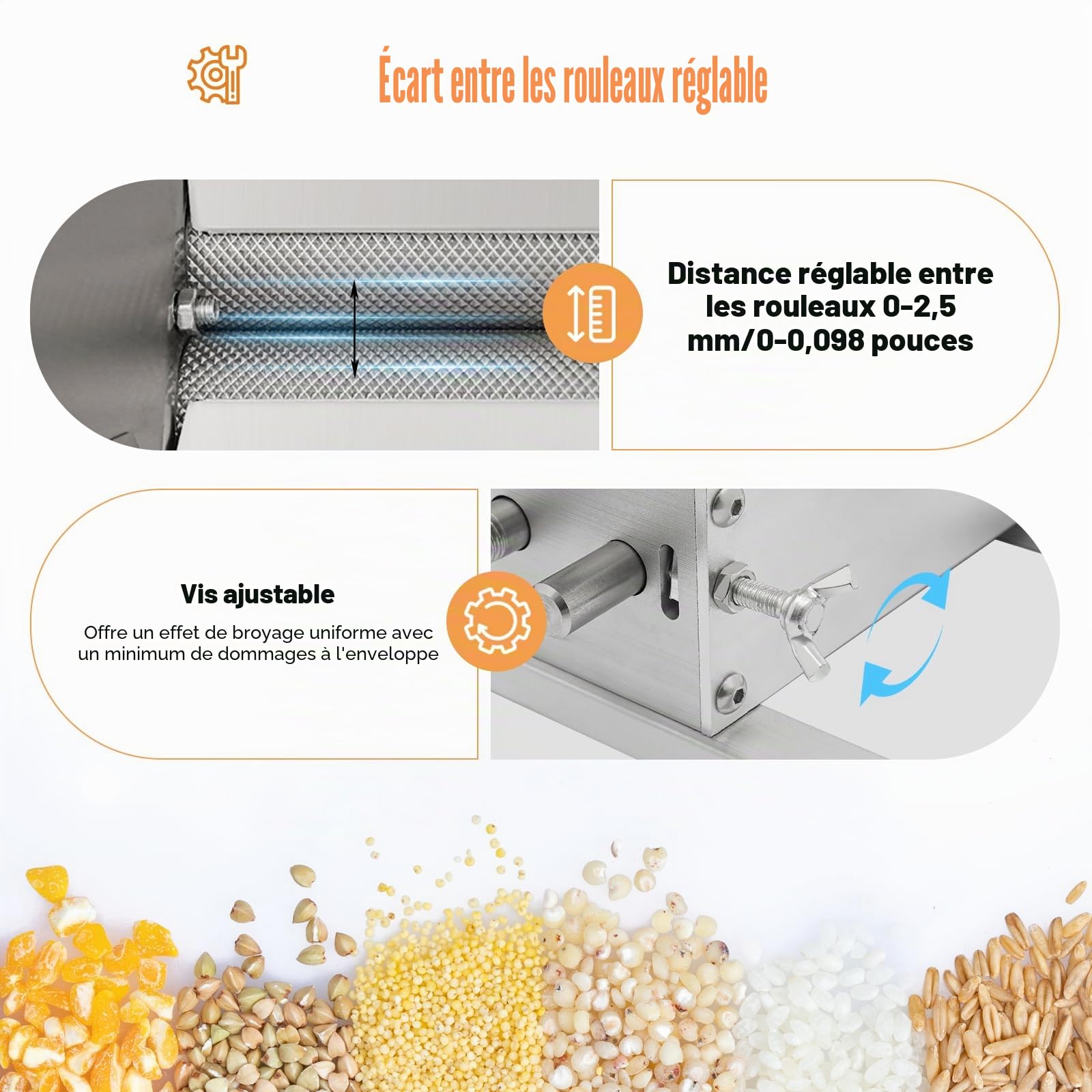 Moulin à céréales professionnel avec puissance de broyage réglable, presse-céréales et moulin à malt pour blé, maïs et aliments pour animaux, broyeur à grains robuste pour la maison, la brasserie et