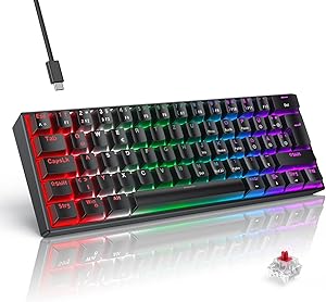TECURS Mechanical Gaming Keyboard, Mechanical Keyboard 60% QWERTZ Red Switches for PC Gamers and Work, 61 Keys Wired Keyboard for PC Windows/PS5/PS4, Black