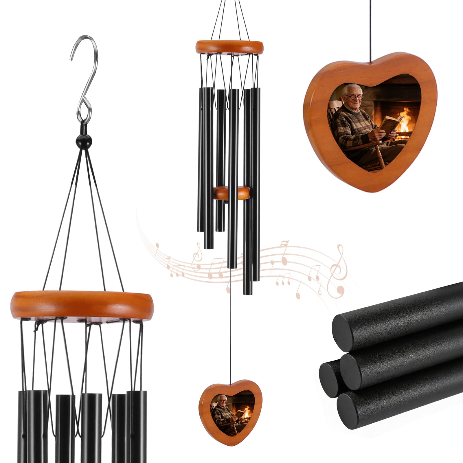Wind Chimes, 26 Inch Wind Chime with 6 Aluminum Tubes, Heart-Shaped Pendant with Photo Display for Home, Balcony, Indoor & Outdoor, Photo Not Included