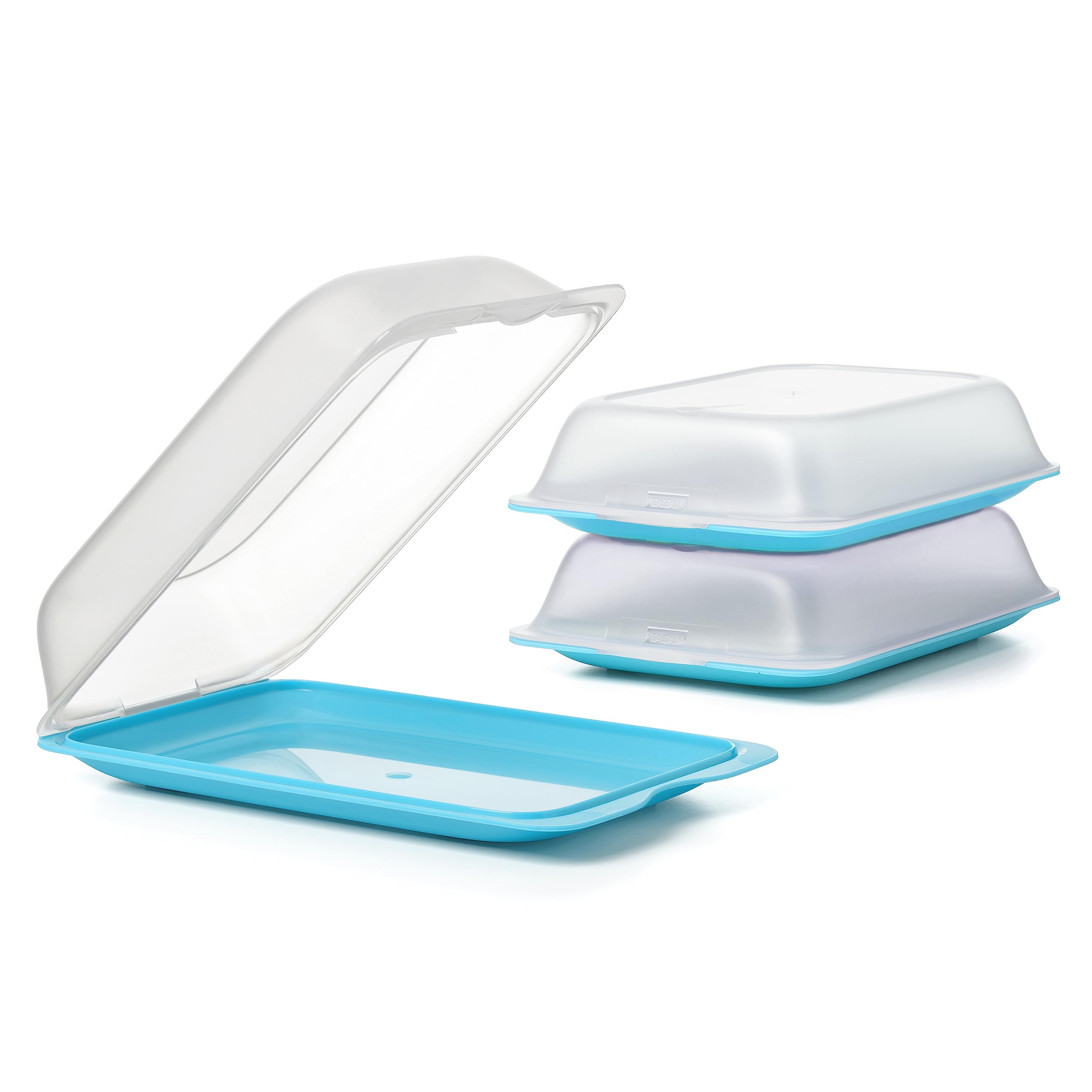 TATAY Set of 3 Cold Meat Containers with Lid MAXI, BPA Free, Reusable, Stackable, Dishwasher and Microwave Safe, Turquoise Colour. Sizes 17 x 6,2 x 25,2 cm Fridge boxes - Set 3 - MINI
