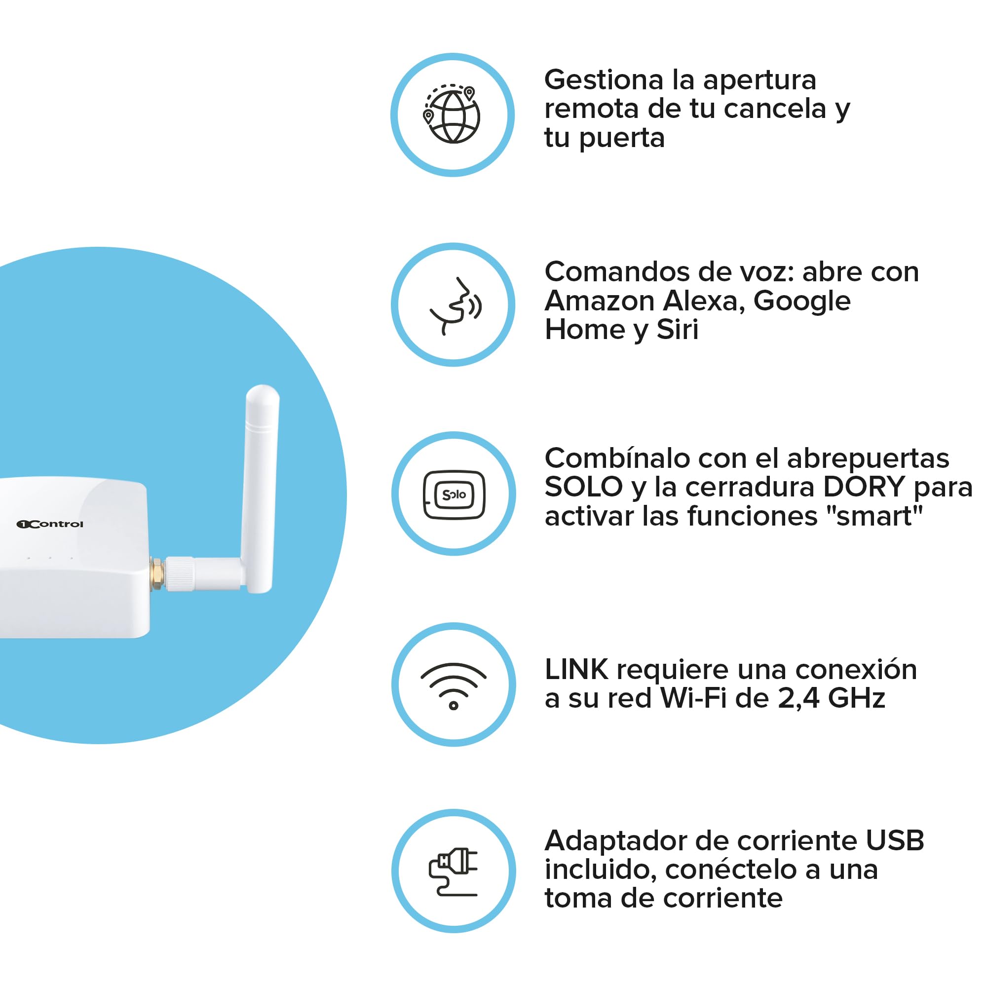 1Control Link Accesorio Wi-Fi Apertura Remota y Comandos Vocales Compatible con Abridor de Puerta y Garaje Solo de 2ª Generación, Alexa, Google Home y Siri, Made in Italy
