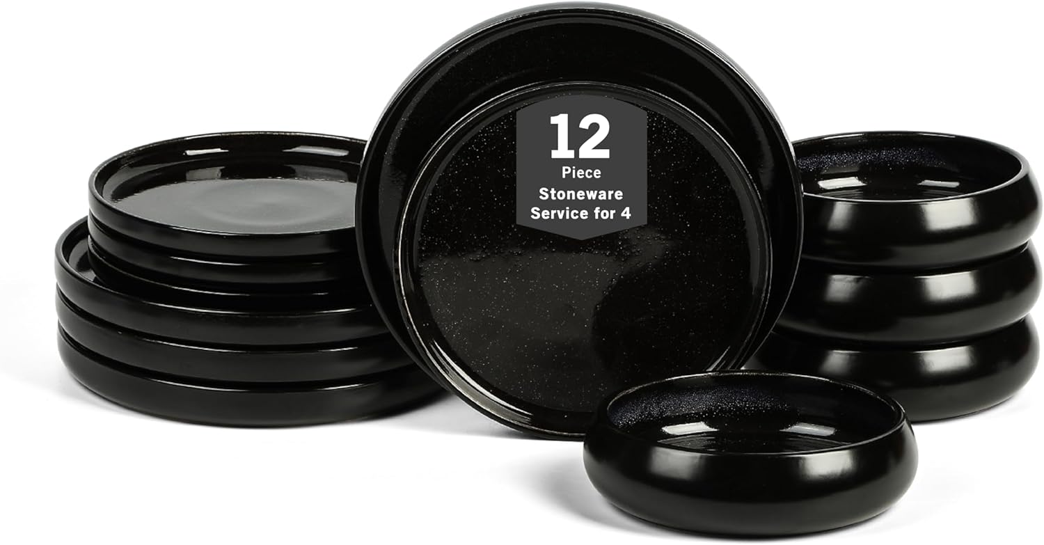 Stone Lain Lagoon 12-Piece Dinnerware Set Stoneware, Plates and Bowls set, Microwave and Dishwasher Safe, Dish Set for 4, Black