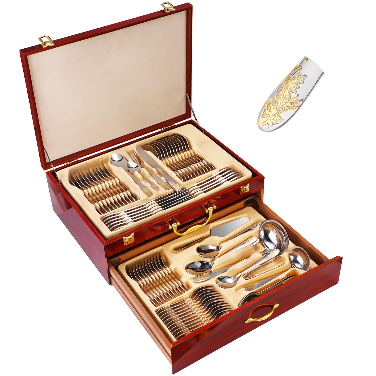 Juego de cubiertos de acero inoxidable para 12 personas, cubiertos completos con cuchillos, tenedores y cucharas, elegantes utensilios de comedor en caja de regalo de madera, ideal para varias