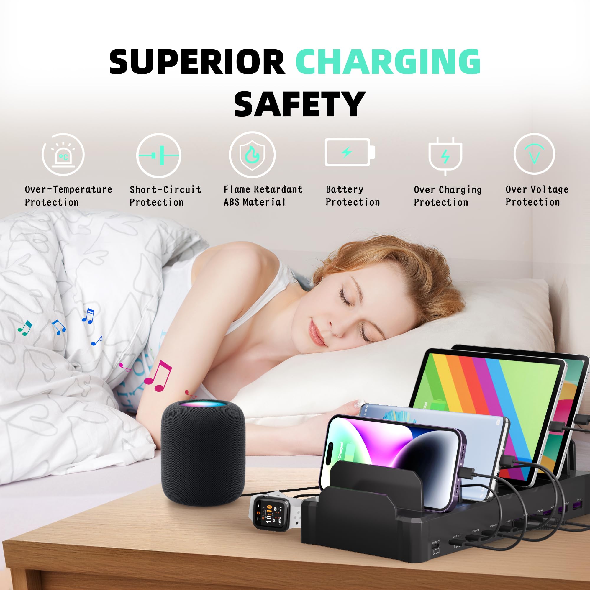 320W Charging Station for Multiple Devices, Zobirez 10-Port USB C Fast Charger Stations for MacBook, iPhone, Android Cell Phone, iPad, Tablet, Family Multi-Device Organizer Charging Dock, Black