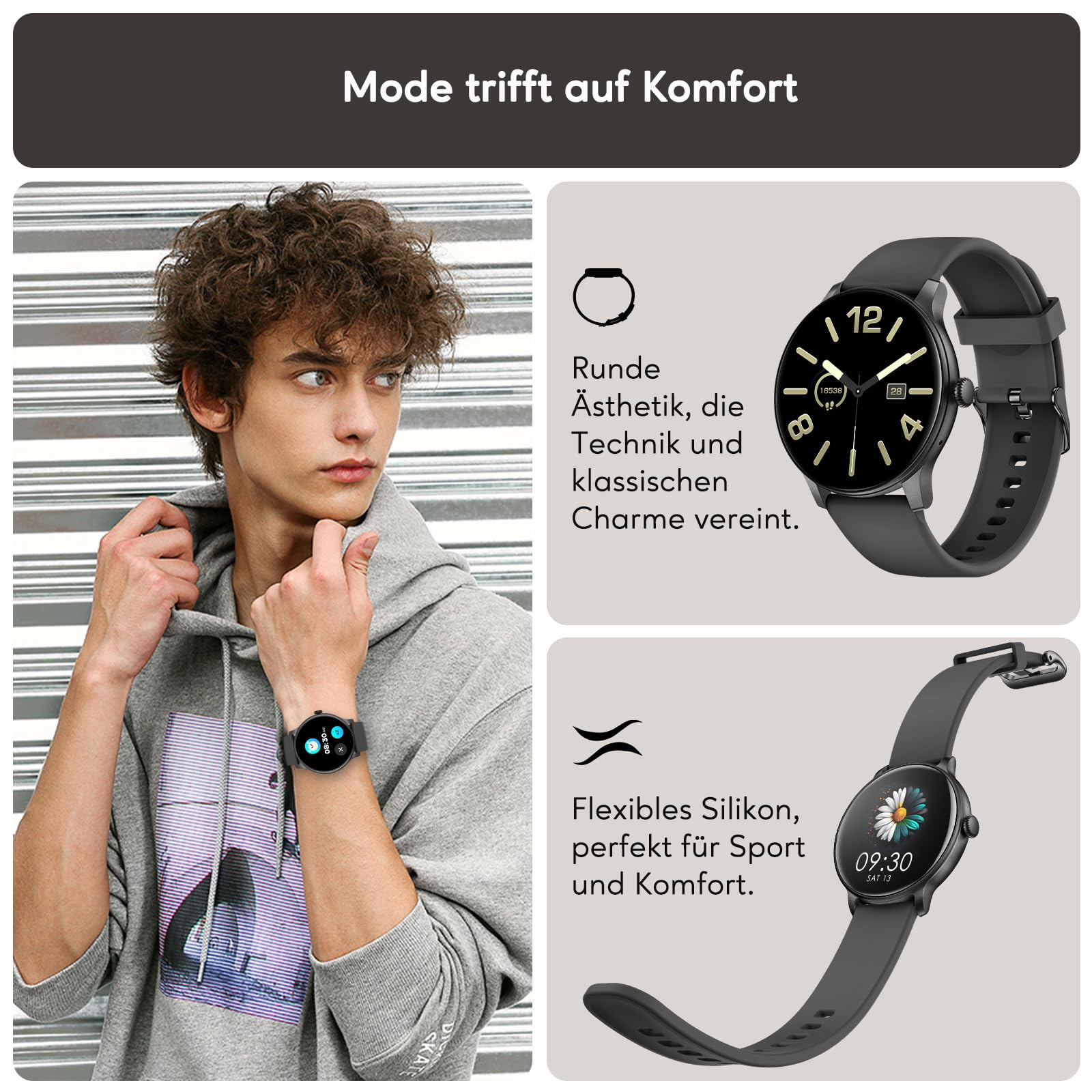 AcclaFit Smartwatch Damen Herren 1.38 Zoll HD-Display Bluetooth Anrufe Fitness Tracker Herzfrequenz SpO2 Schlafmonitor IP68 Wasserdicht