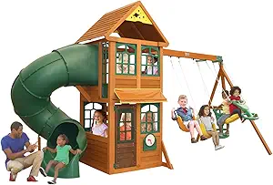 KidKraft Cloverdale Cedar Wood Swing Set / Playset with Slide, Rock Wall, Glider and Swings, Gift for Ages 3-10