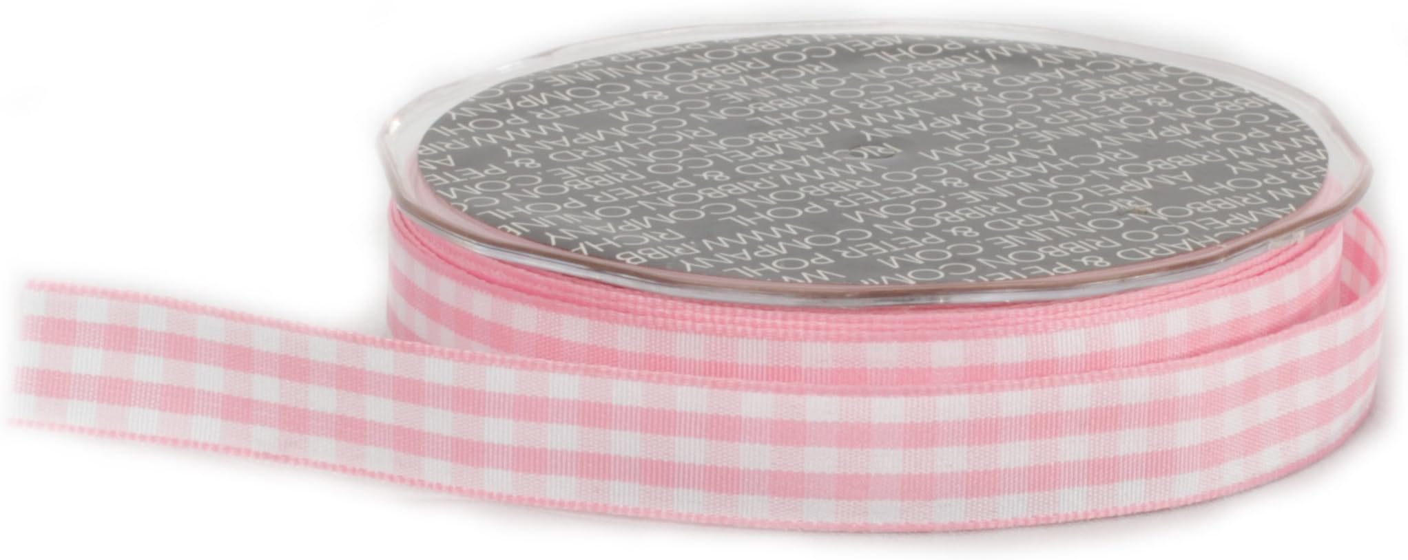 Ampelco Ribbon Company Vichy Check 27-Yard Ribbon, 5/8-Inch, Light Pink/White Woven Edge