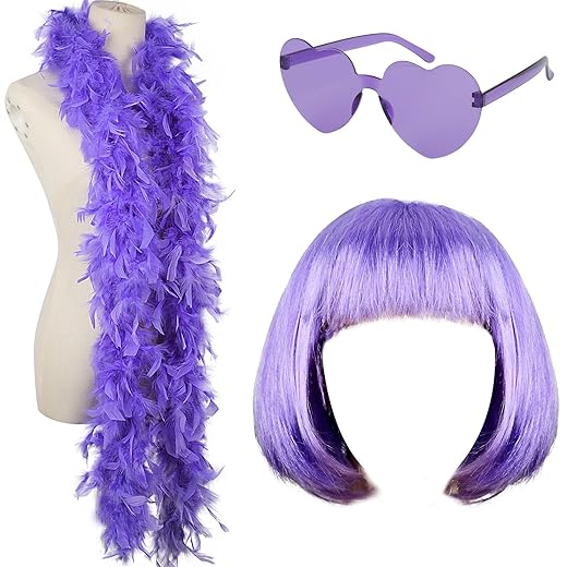 Kavoc Colored Feather Boas Turkey Feathers Chandelle Boa with Pink Bob Wig Heart Rimless Sunglasses for Crafts Costume Decoration Dress up Costume Women Bachelor Party Favors (Purple)
