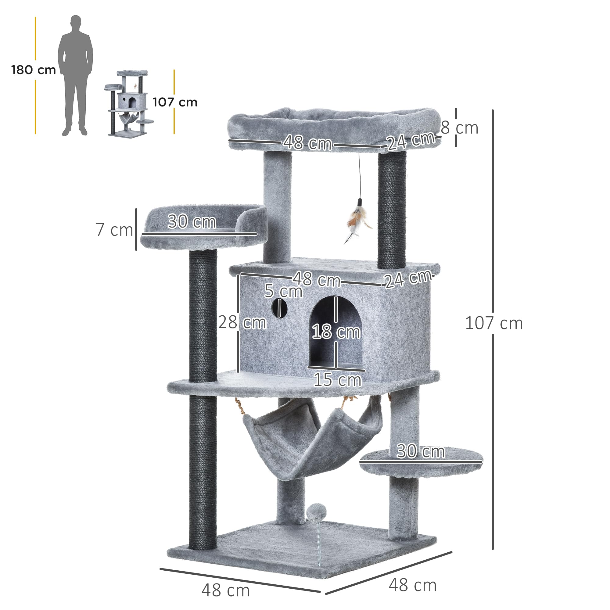 PawHut Albero Tiragraffi per Gatti con Palo, Casetta, 48x48x107 cm, Grigio | Letto, 4 Piattaforme, Amaca e 2 Giochi, Torre per Gatti in Truciolato, Peluche, Sisal e Feltro