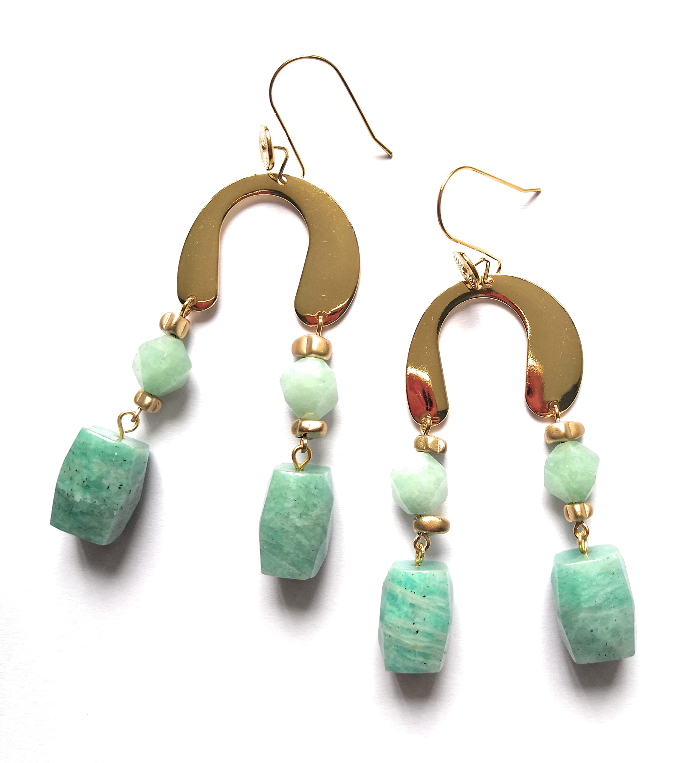Colección de Navidad 2020 - Serie"Still Golden and Then Some" - Pendiente de amazonita facetada súper grande de 17 mm hecho a mano y pendiente de gota de jade verde facetado de 10 mm