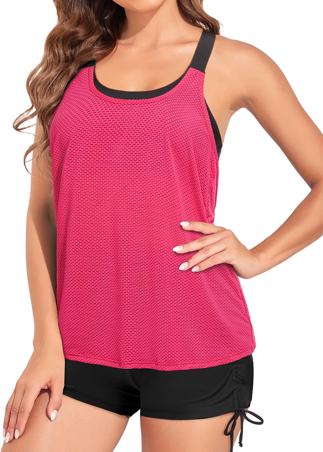 Two Piece Tankini with Shorts - Mesh Swim Tops with Boy Shorts Tummy Control Swimsuits Sporty Bathing Suits Flowy Swimwear