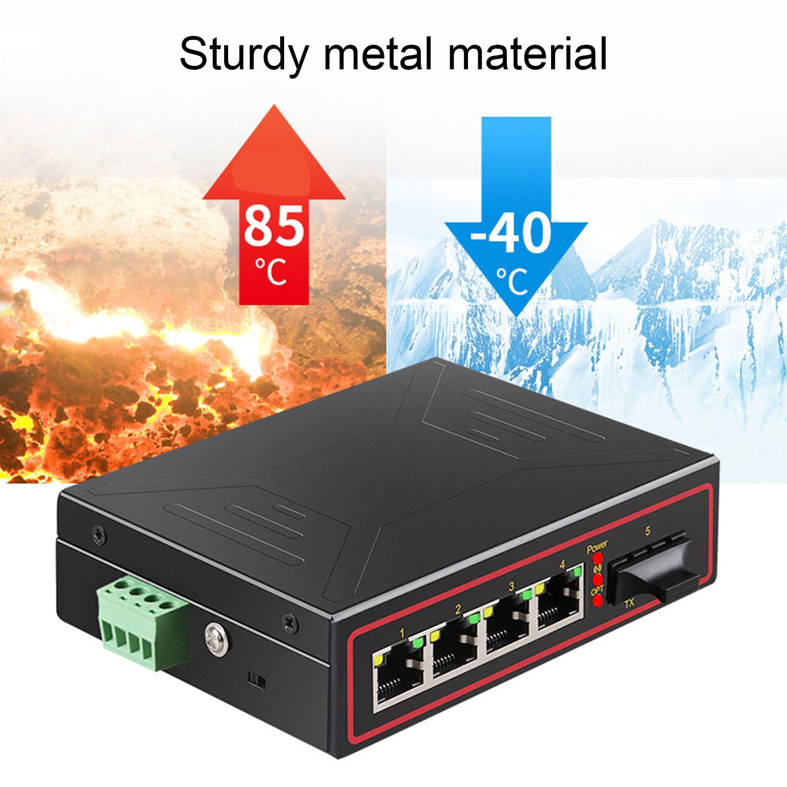 Zunate Commutateur Ethernet Industriel, 1 Port SFP et 4 Ports RJ45, Convertisseur de Média Fibre Ethernet 10 100 Mbps avec Port Fibre Remplaçable à Chaud, pour Fonctionnement en Réseau