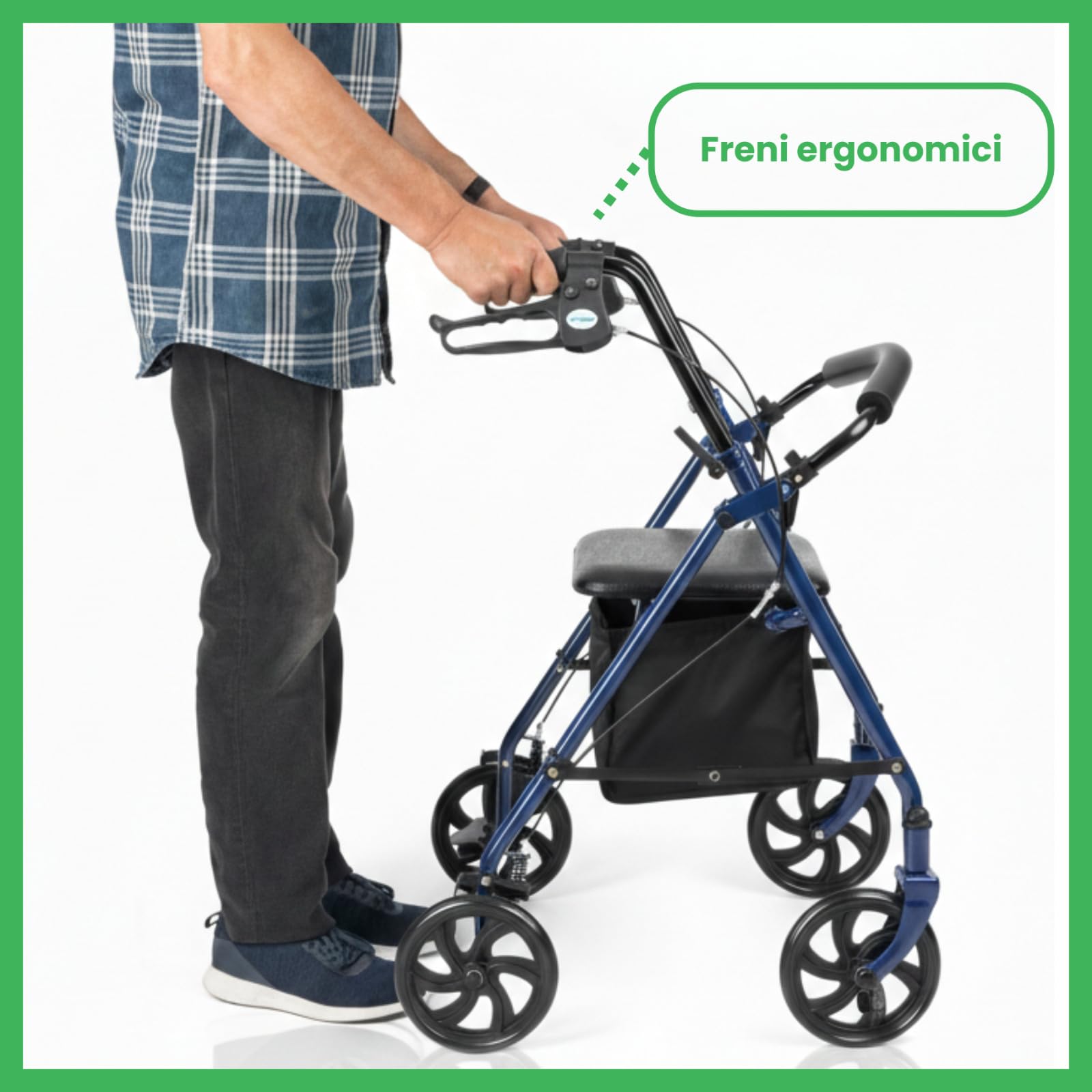 EkoHealthy® Rollator Vivo+ Deambulatore Pieghevole in Acciaio con 4 Ruote, Seduta, Schienale, Freni a Leva e Borsa Portaoggetti – Portata 136 kg – Ausilio per Anziani e Disabili
