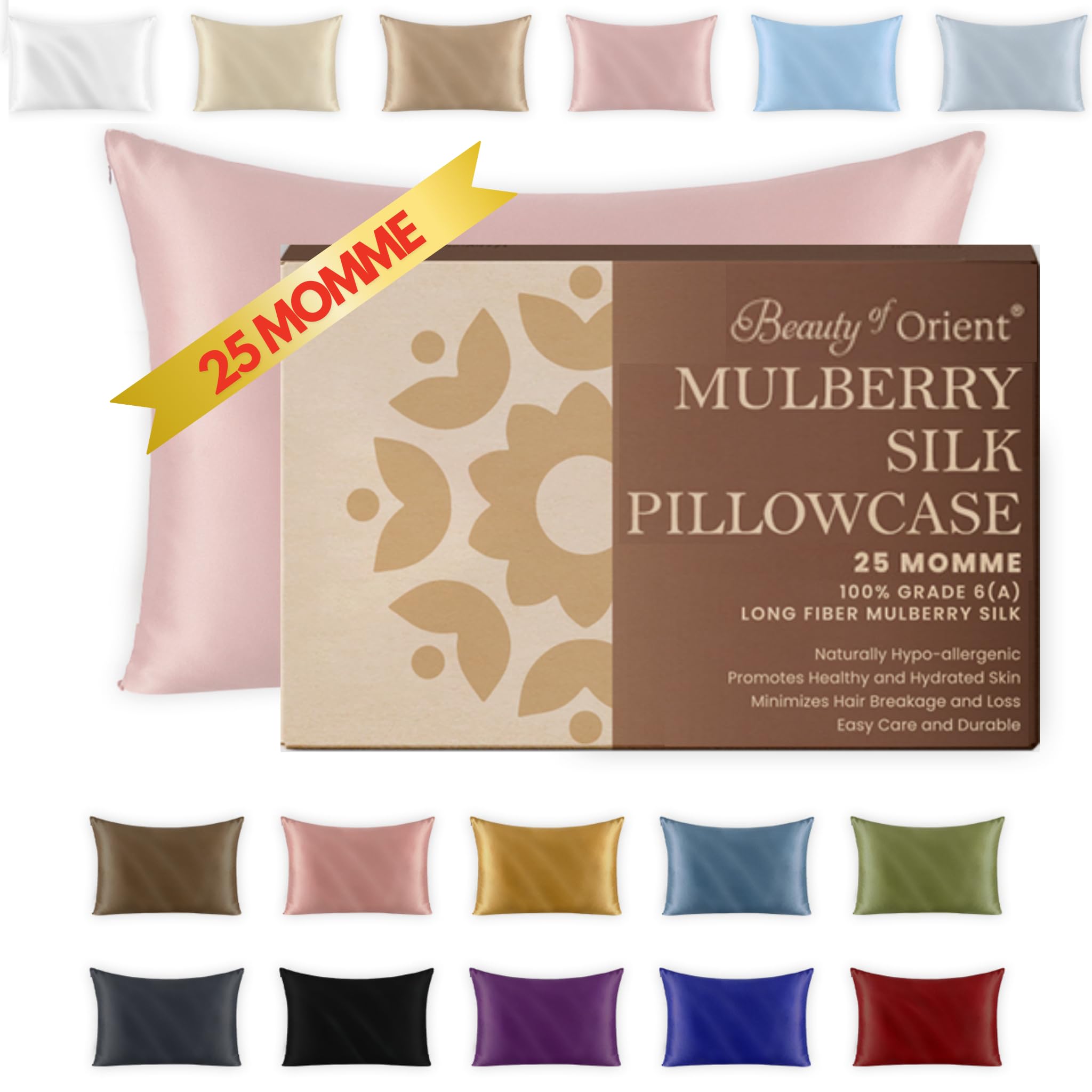 25 Momme Premium Mulberry Silk Pillowcase for Hair and Skin | Handcrafted Hypoallergenic & Anti-Acne Silk Pillow Cases with Zipper | King - 20" x 36", Rose Water