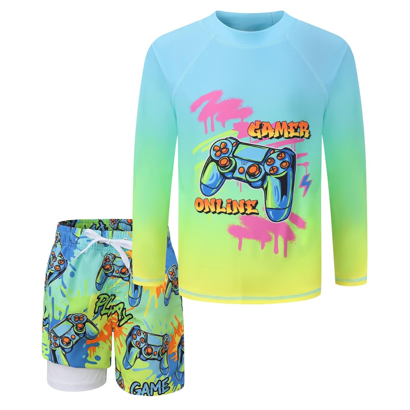 Maillot de bain 2 pièces pour garçon Doublure de compression Maillot de bain à manches longues pour enfants de 4 à 16 ans
