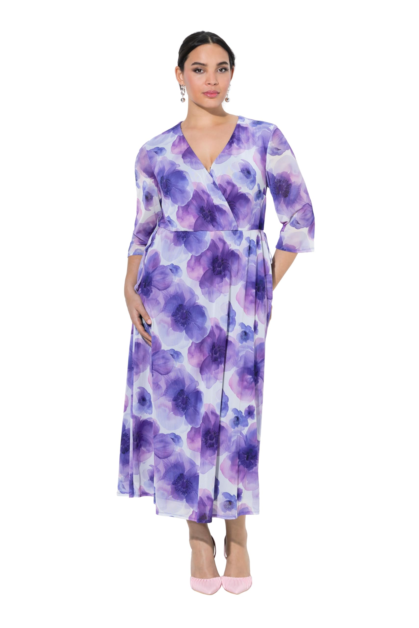 Ulla Popken Damen große Größen Übergrößen Plus Size Maxikleid, Blüten, dopellagig, V-Ausschnitt, Halbarm 849367