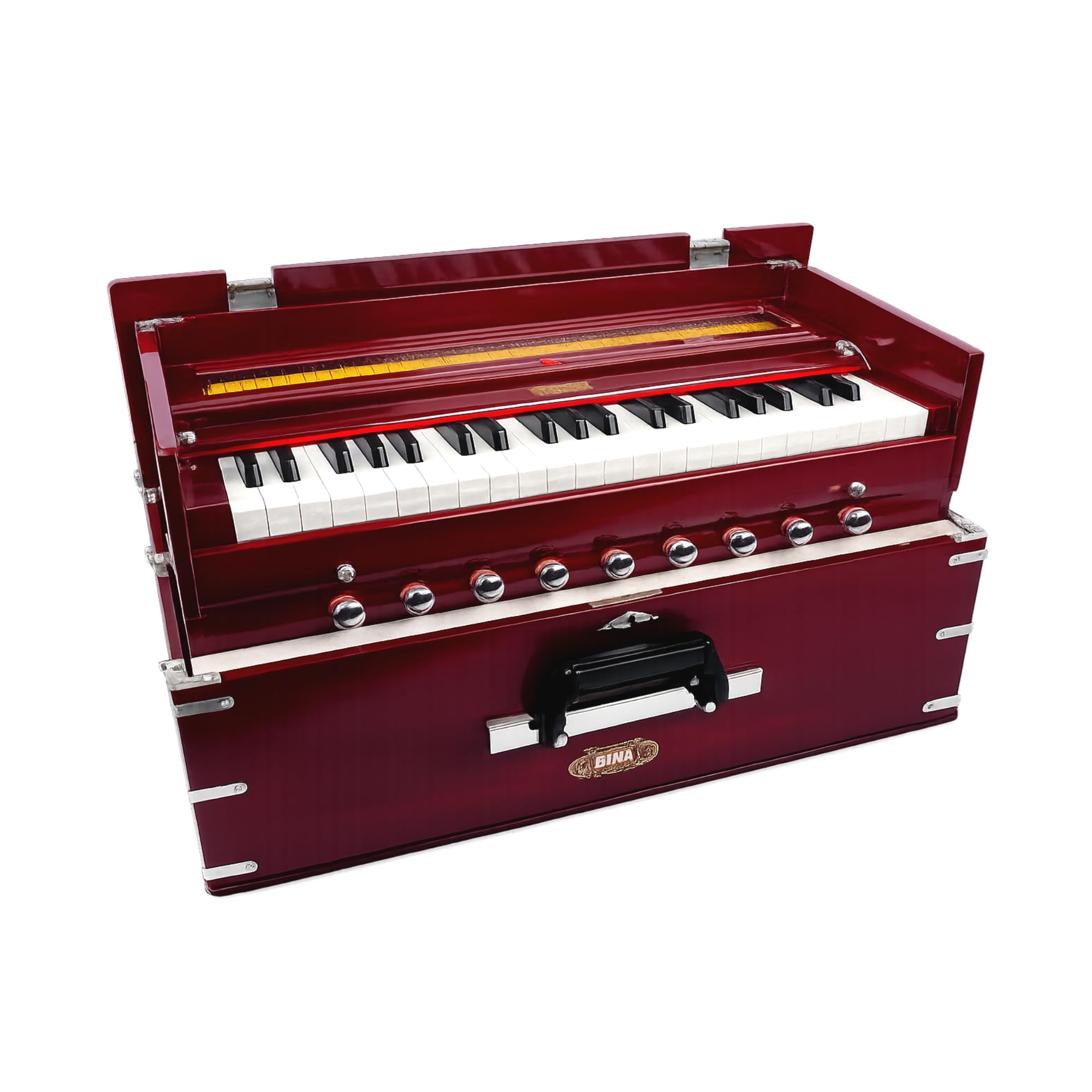 Harmonium BINA Nr. 23B Dx. 3 1/2 Oktaven tragbare Kirsche, 2024 Edition, klein, tragbar, kompakt, Safri, natürliche Farbe, Kirtan, indische Tastatur