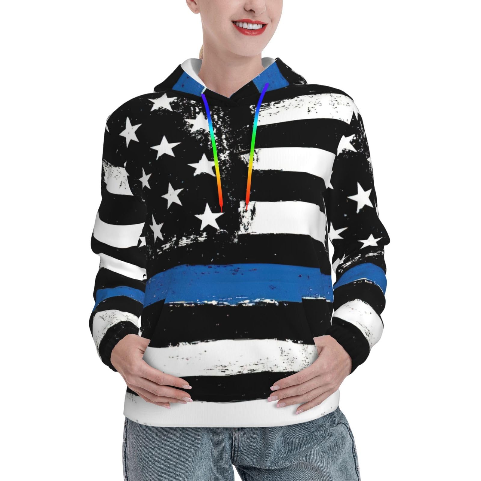 Sweat à capuche rétro bleu fin imprimé drapeau USA pull ajusté femme - 8