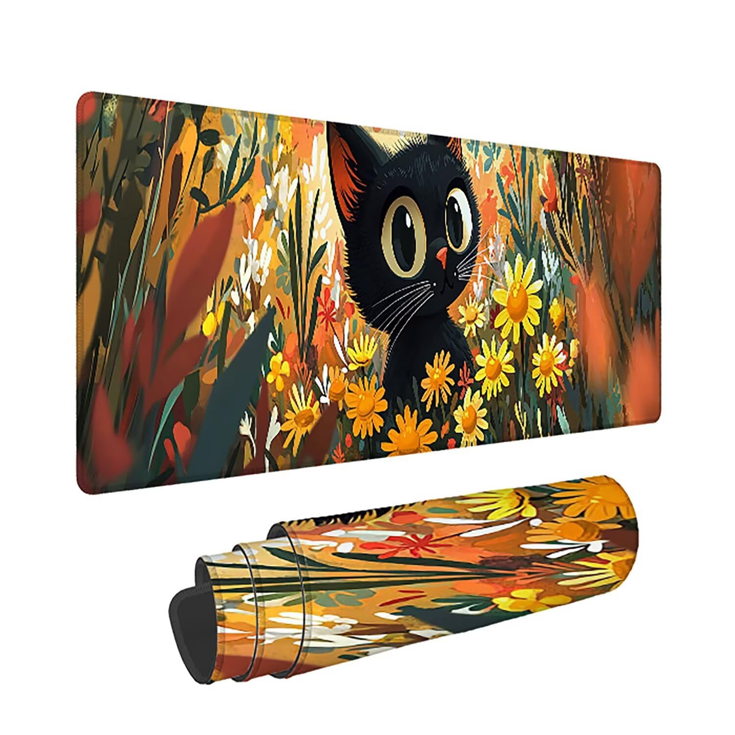 Podkładka pod mysz do gier XXL - 1400x600x3mm - Duża antypoślizgowa podkładka pod klawiaturę dla kota z przeszytymi krawędziami, krajobraz duża podkładka pod mysz do gier do biura i domu, poprawia