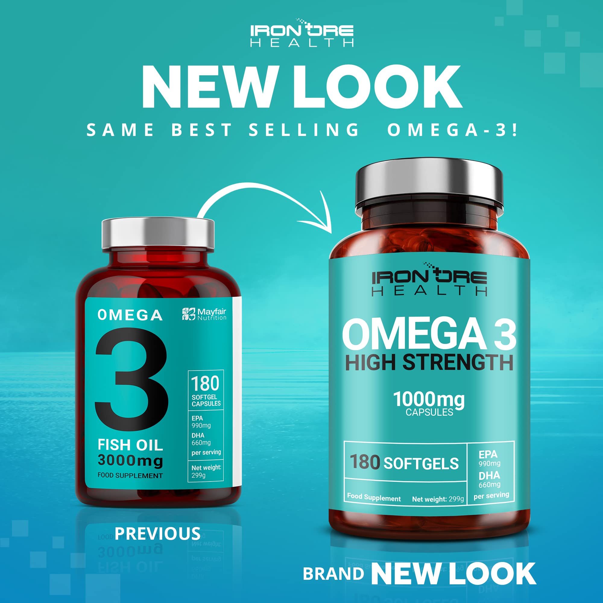 Omega 3 Fish Oil 180 High Strength Capsules 990mg EPA & 660mg DHA