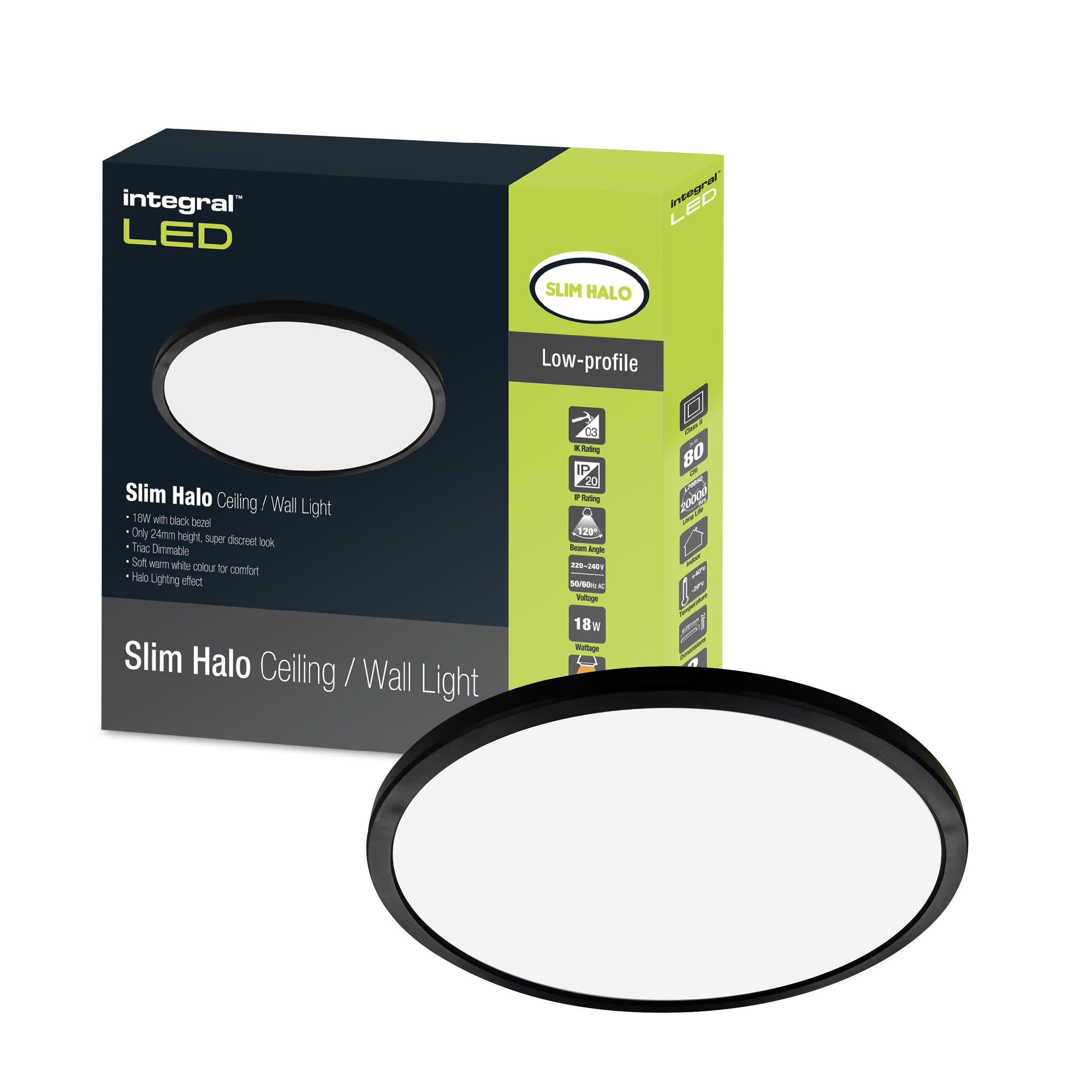 Integral LED 18W 1500LM Dimmable Halo Ceiling and Wall Light | 291mm Diameter | Modern Super-Slim Circular Design | Black Bezel | Ideal for Bedroom, Kitchen, Living Room, Study and Corridor
