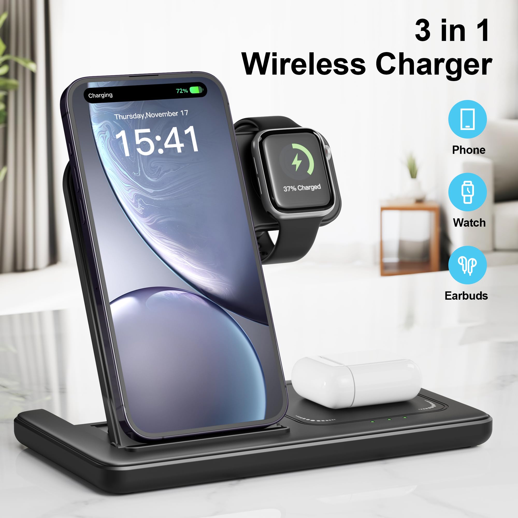 Caricatore Wireless 3 in 1, Ricarica Wireless Charger, 15W Stazione di Ricarica Replacement for iPhone 16/15/14/13/12 Pro/Max/Plus/XS/XR/X, Watch Ultra 10/9/8/7/6/5/4/3/SE, Earbuds Pro 4/3/2 LUOATIP