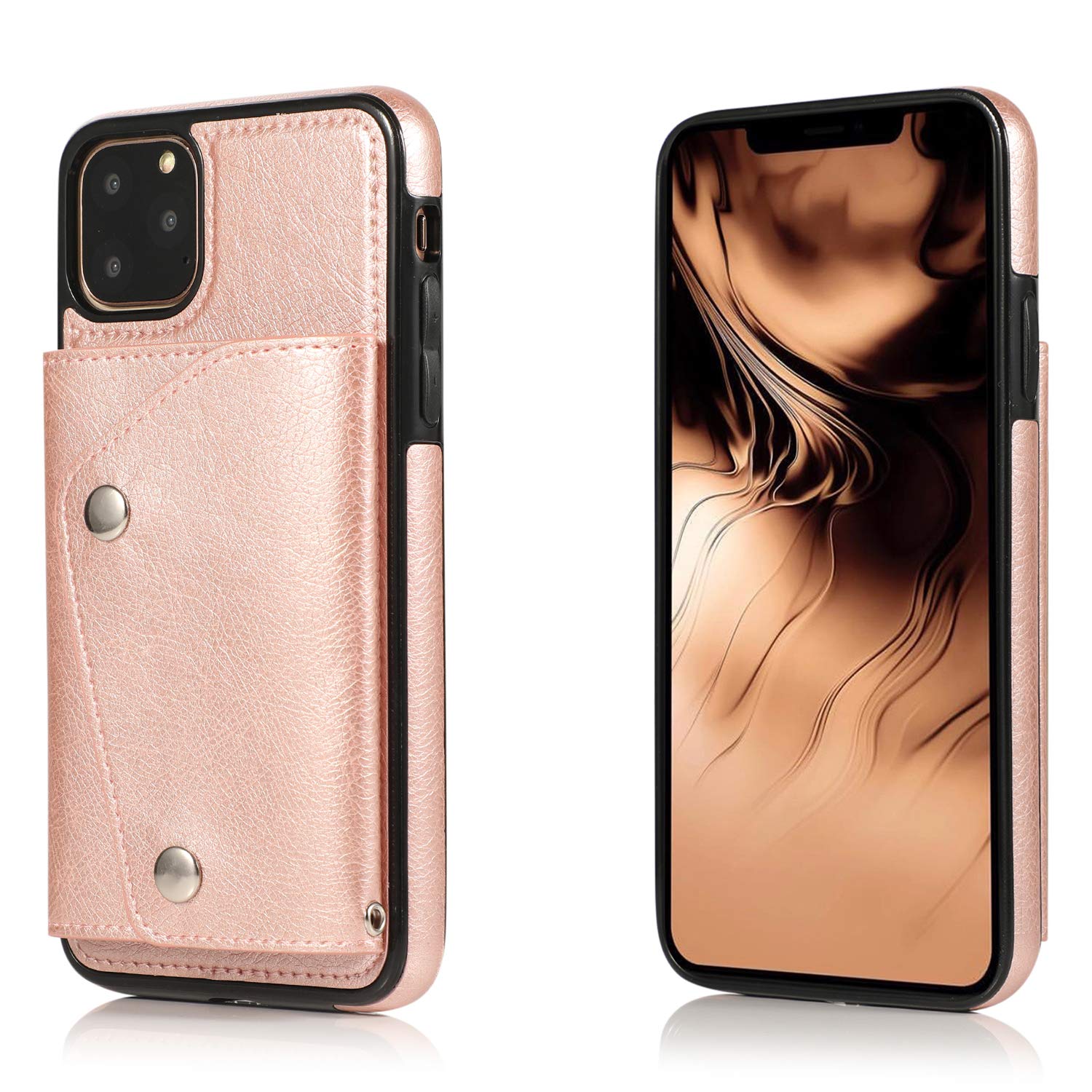 DAYUP Wallet Case PU Leather Flip Cover with Card Slot, Kickstand Phone Case, PU Leather Cover with Wristlet Strap for iPhone 13 Pro Max 6.7-inch (Rose Gold)