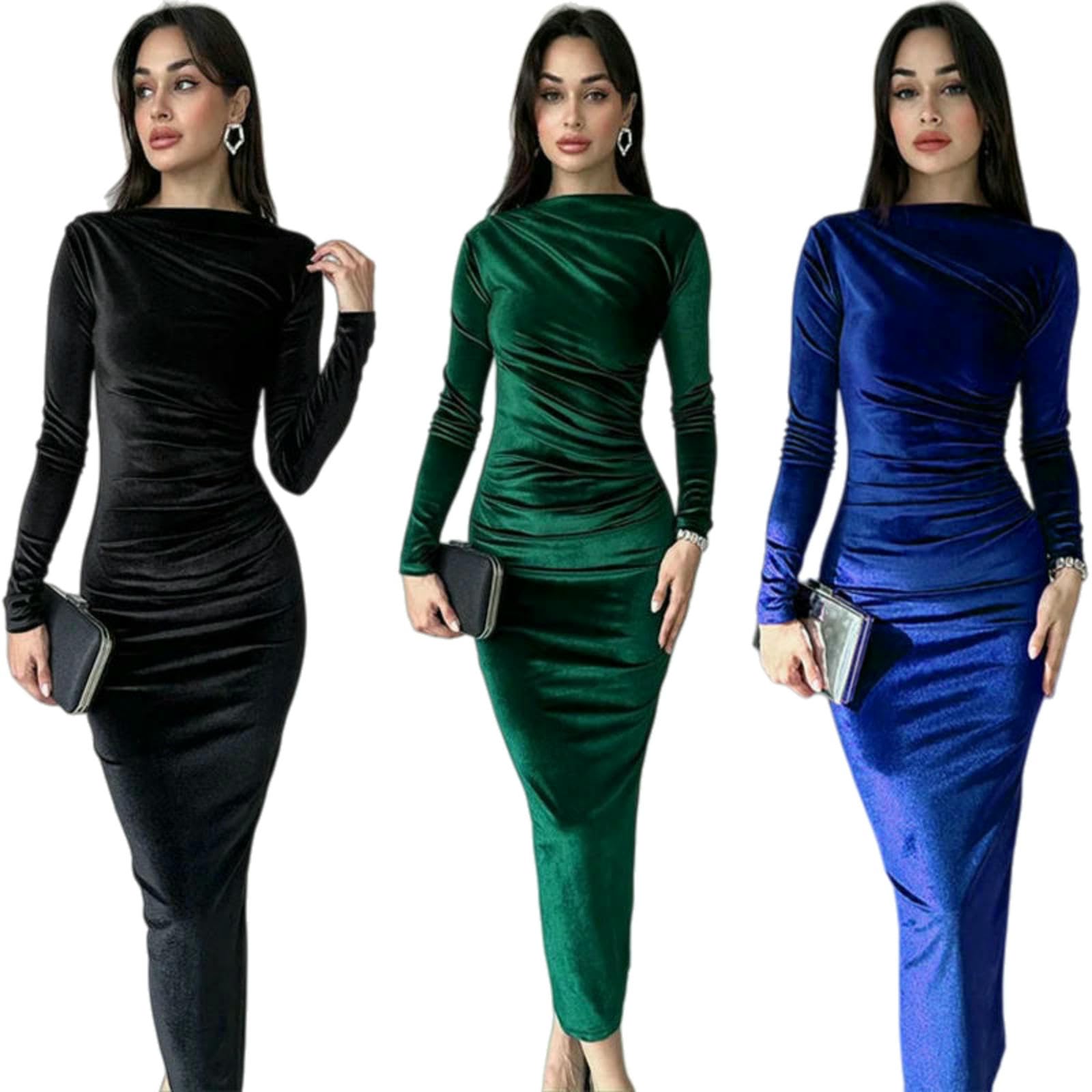 Vestiti a Maniche Lunghe Abito Midi da Donna in Velluto Lunghe, Sera Elegante con Volant per Feste Primaverili, Eventi Formali E Occasioni Speciali-835-blu-l