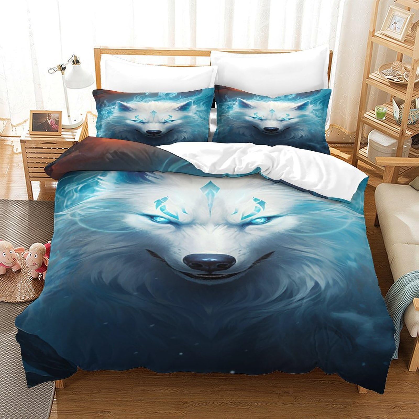 Housse de couette loup 260x220 cm avec 2 taies d'oreiller en microfibre Super King size