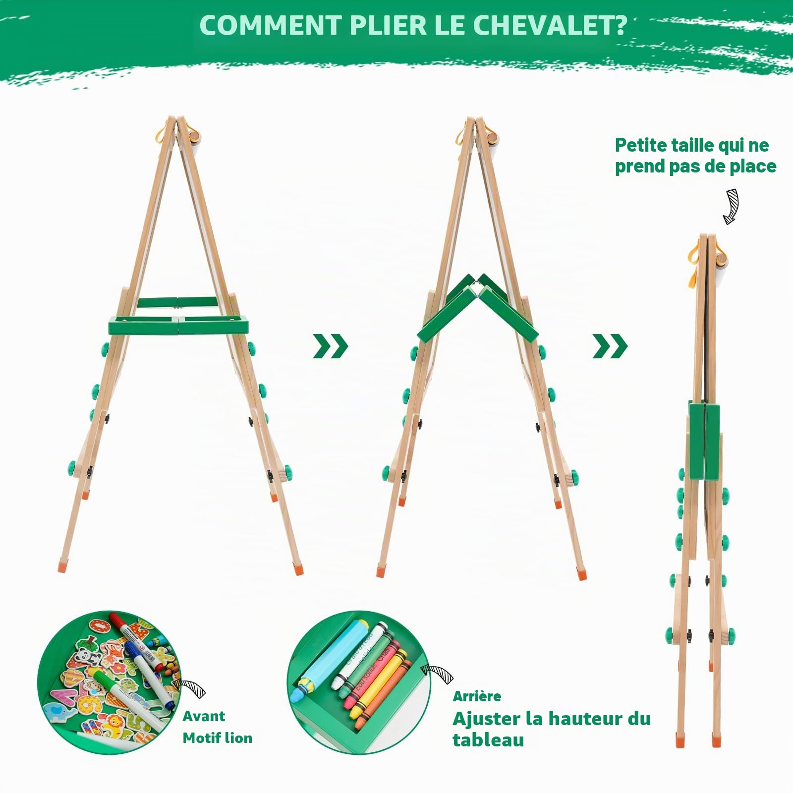 Chevalet Pour Enfants, Chevalet en Bois Réglable en Hauteur Pour Enfants, Plateau Pour Enfants Double Face avec Support de Rangement, Rouleau de Papier, Tableau Blanc,Lettres Magnétiques, Pliable