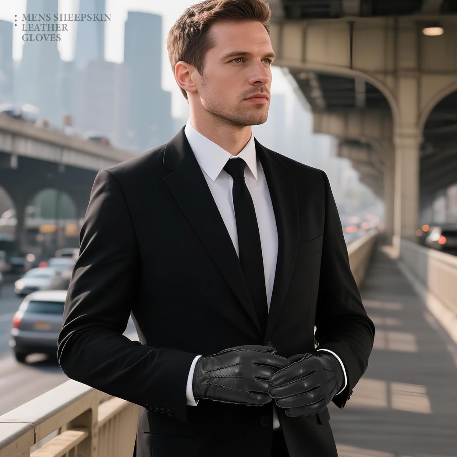 GSG Men Genuine Leather Gloves Driving Gloves Warm Fur Lined Classic Dress Sheepskin Gloves Hand-stitched
