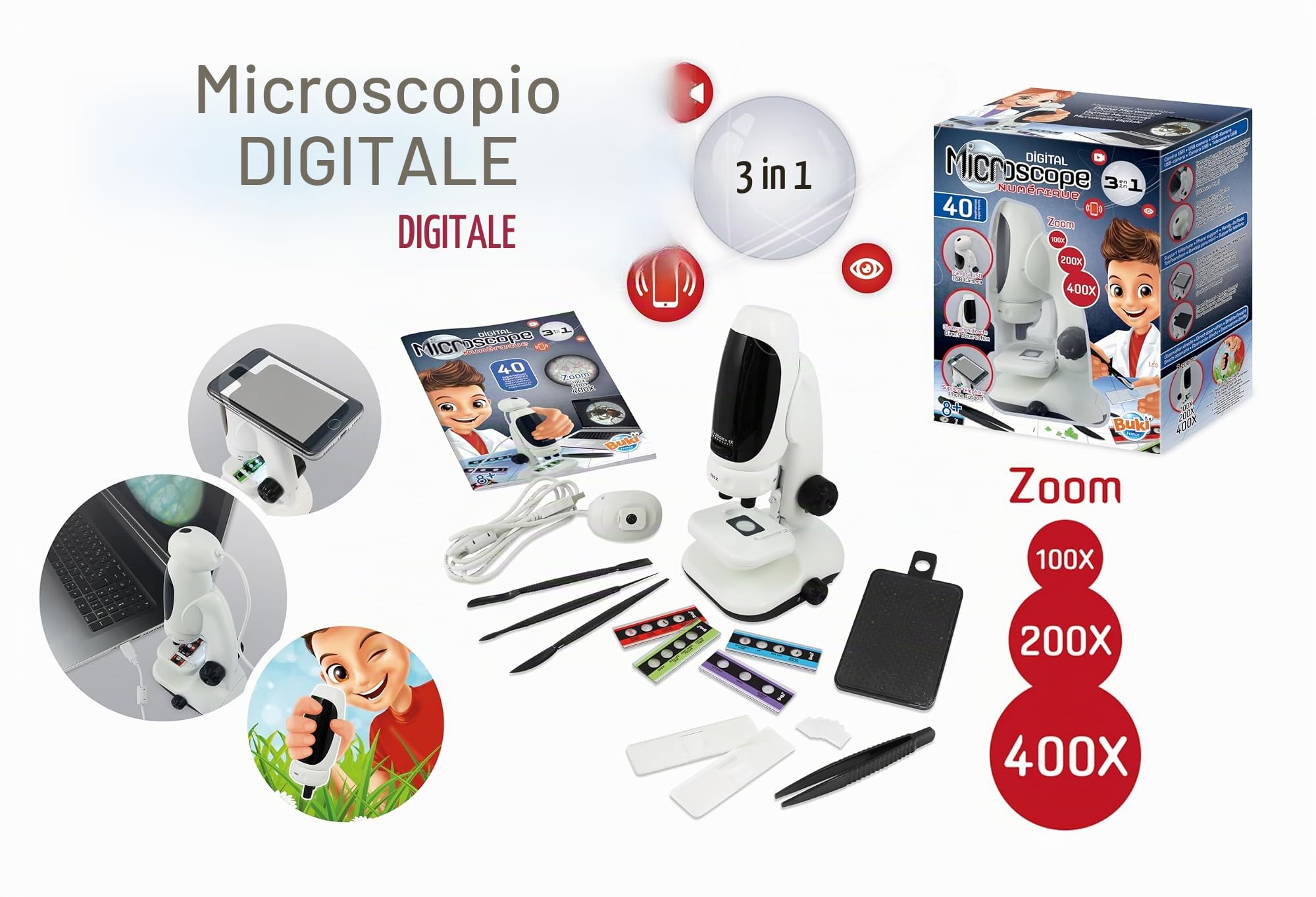 Buki France- Digital Microscopio Video 3 in 1, Colore Bianco, MR700