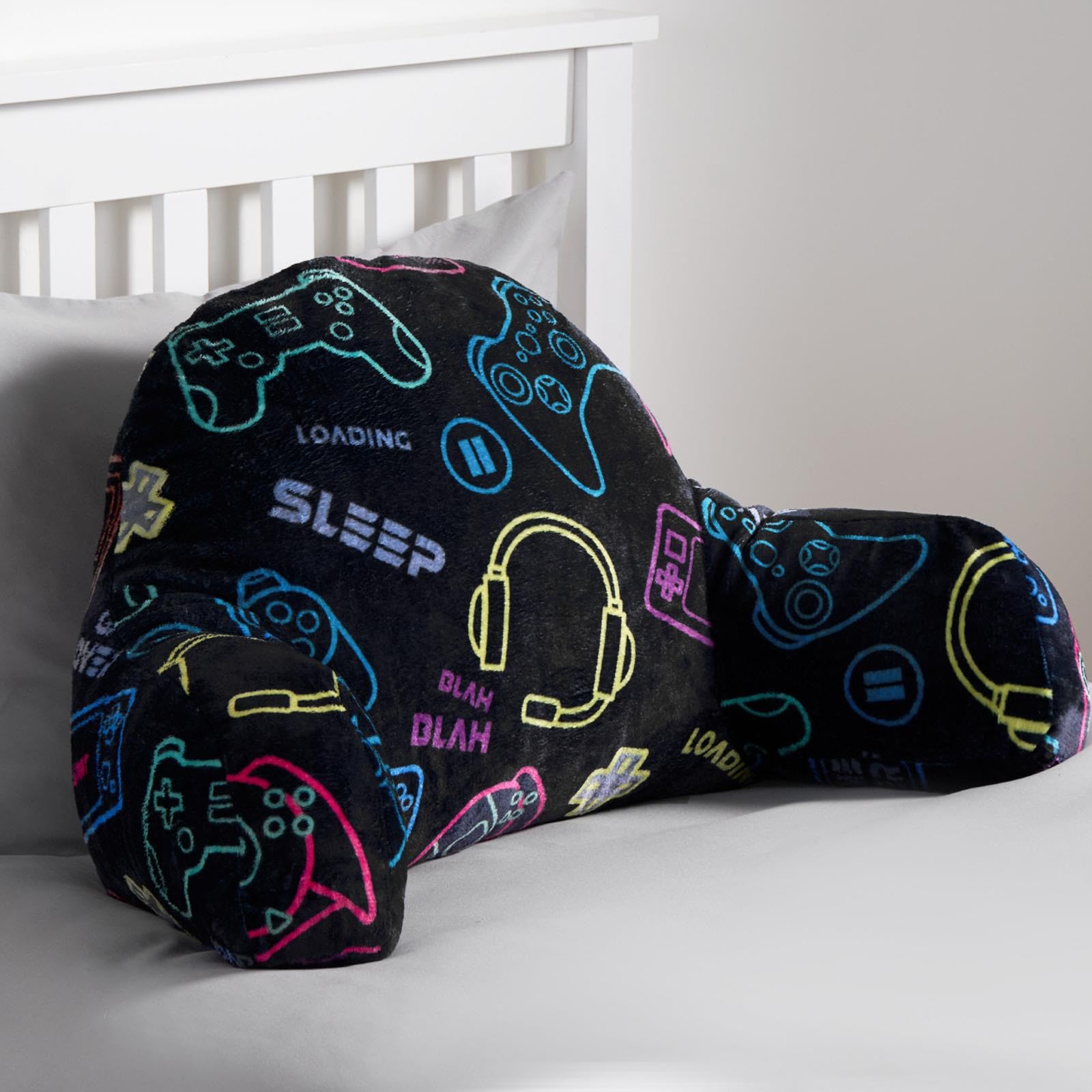 Ohs Boys Black Cuddle Cushion For Kids, Gamer Gifts For Reading Pillow Super Soft Cosy Teddy Fleece Gaming Cushion With Arms Backrest Sit Up In Bed Pillow Relaxing Comfy Teen Gifts,